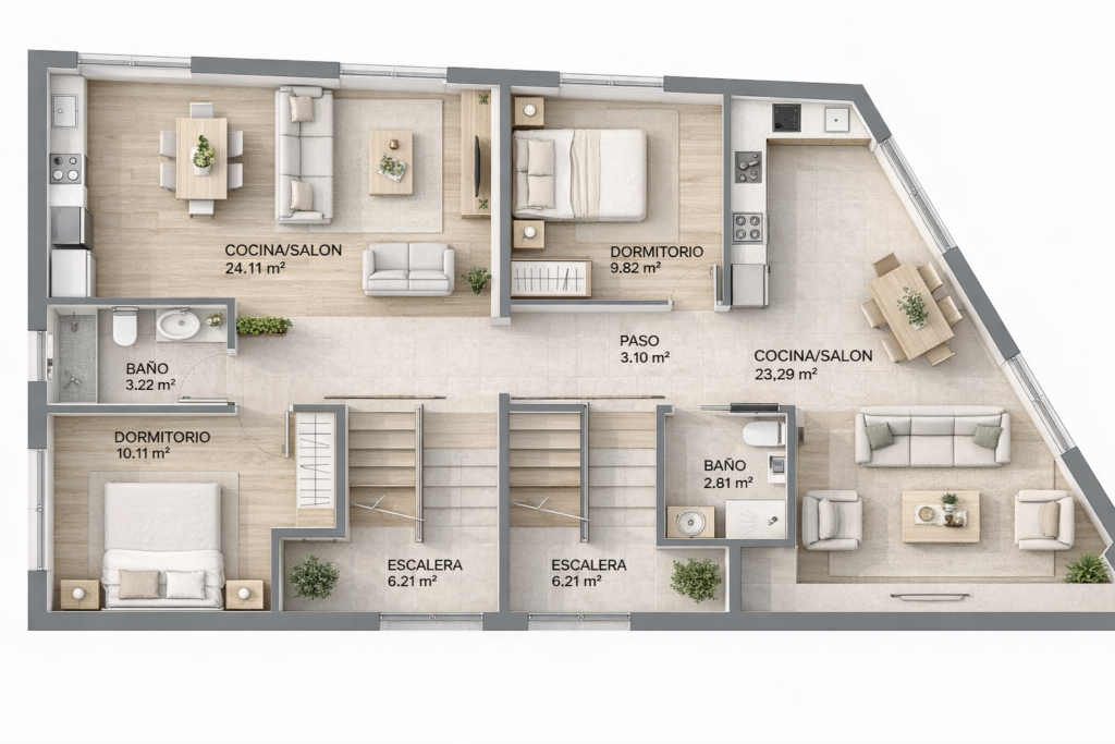 La primera planta alberga la zona de día, donde salón, cocina, un dormitorio y un baño completo se integran en una distribución equilibrada y luminosa. El acceso se realiza a través de escaleras privadas, reforzando la sensación de independencia.
Los grandes ventanales de suelo a techo con elegantes balconeras de cristal inundan los espacios de luz natural, potenciando la amplitud y la conexión con el exterior.