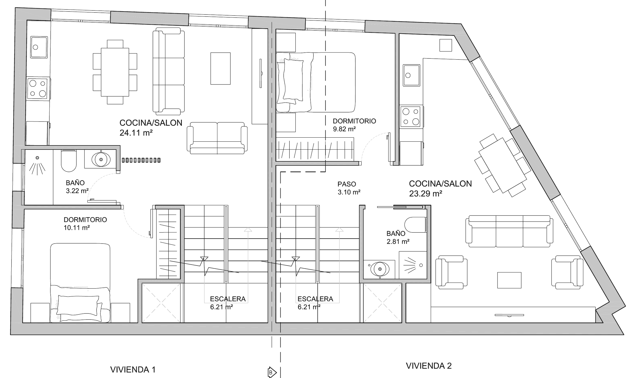 Plano de la planta primera de las dos viviendas